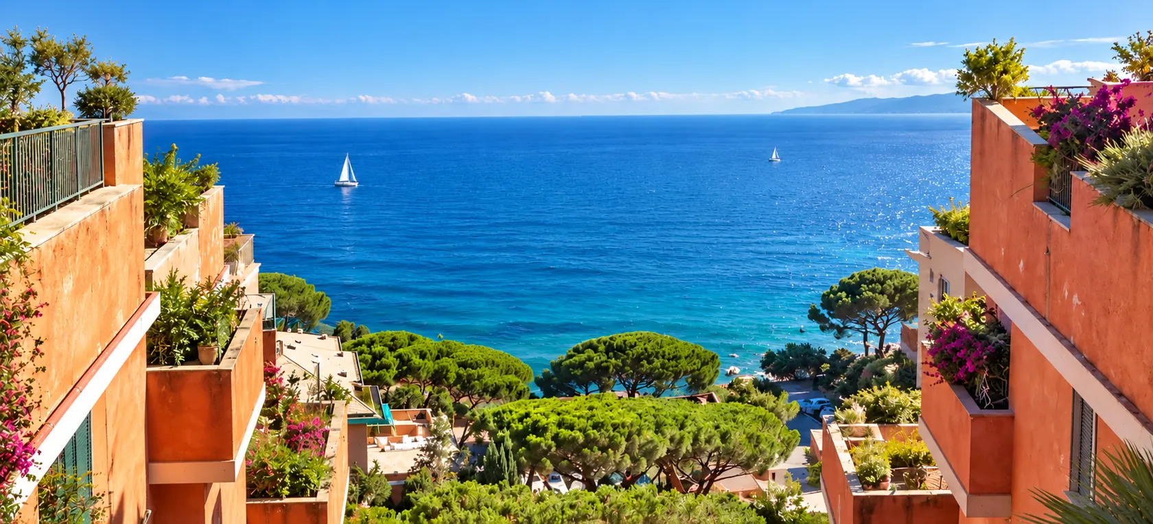 Mare azzurro e barche a vela tra pini e terrazze.