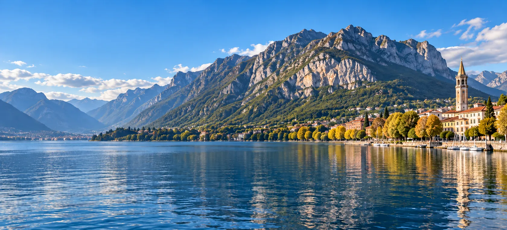 Un lago tra le montagne, con un borgo lungo la riva.